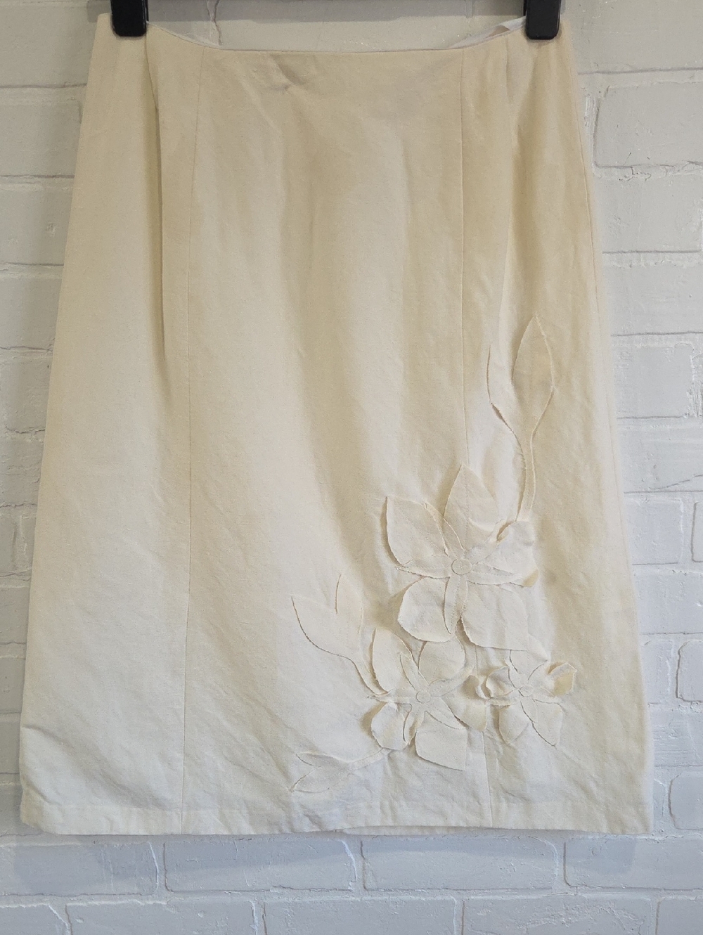 Silk And Linen A-Line Skirt with Floral Appliqué